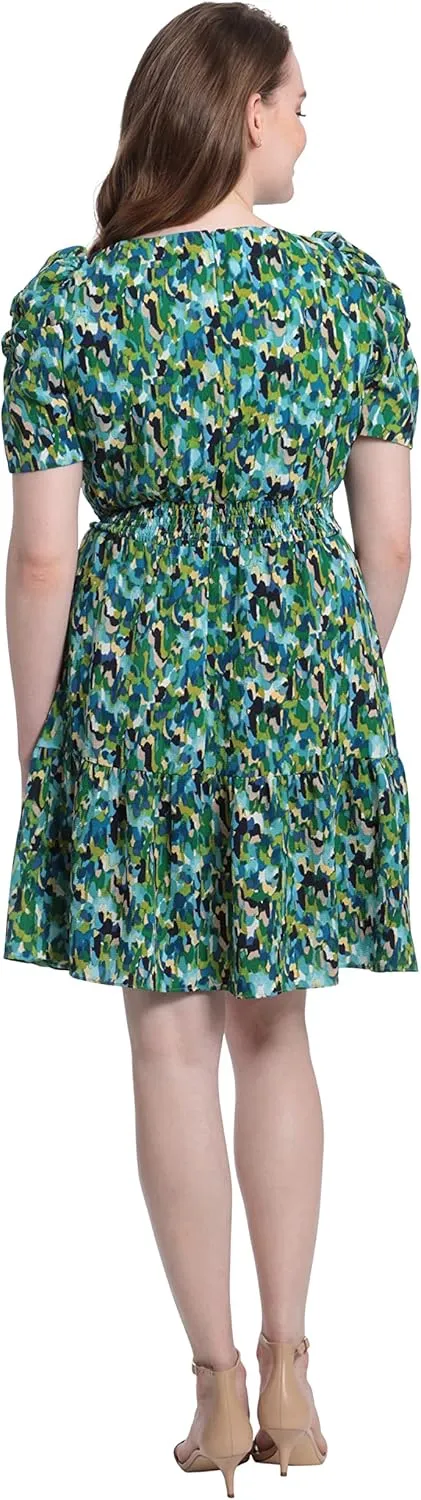 London Times Women's Smocked Waist with Bow and Puff Sleeve Dress