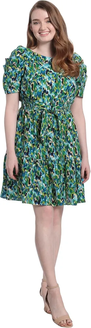 London Times Women's Smocked Waist with Bow and Puff Sleeve Dress