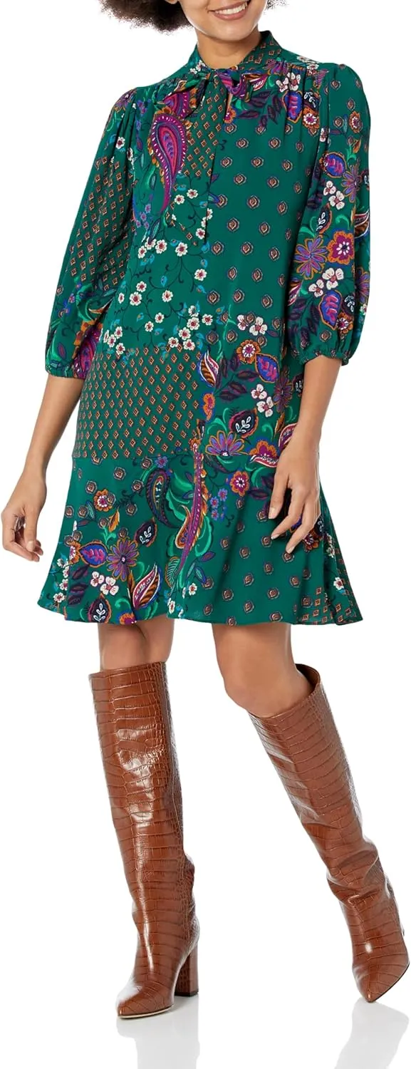London Times Women's Tie Neck Bishop Sleeve Flounce Hem Perfect Fall Dress Versatile Chic Office