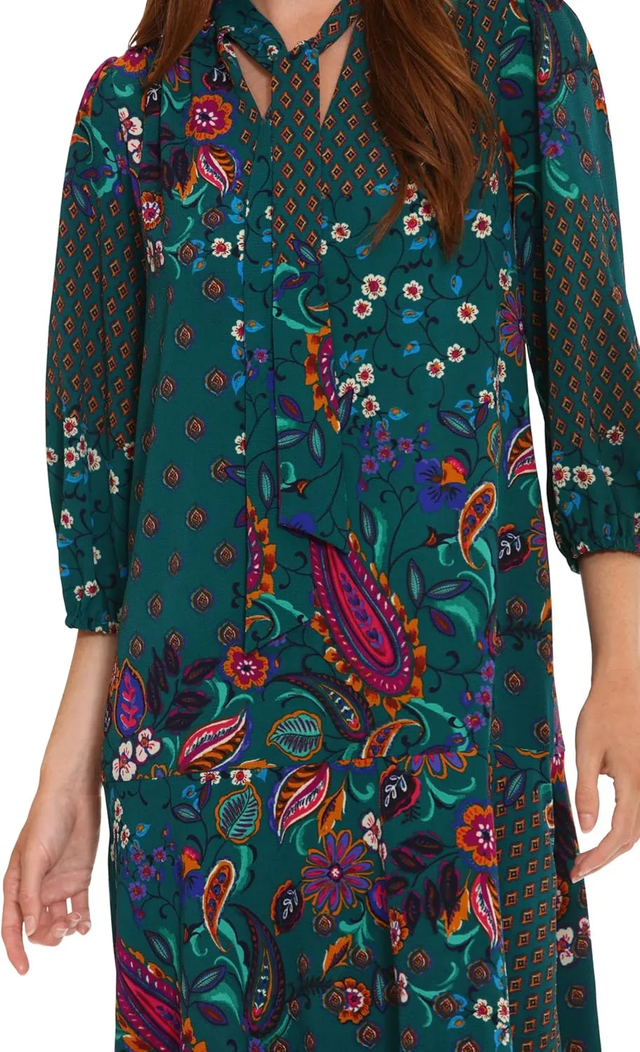 London Times Women's Tie Neck Bishop Sleeve Flounce Hem Perfect Fall Dress Versatile Chic Office