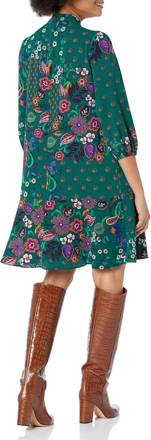 London Times Women's Tie Neck Bishop Sleeve Flounce Hem Perfect Fall Dress Versatile Chic Office