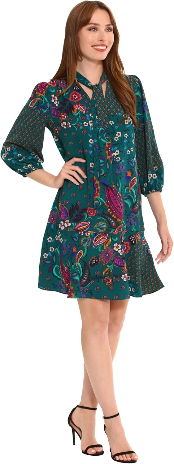 London Times Women's Tie Neck Bishop Sleeve Flounce Hem Perfect Fall Dress Versatile Chic Office
