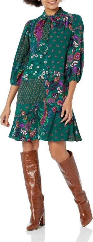 London Times Women's Tie Neck Bishop Sleeve Flounce Hem Perfect Fall Dress Versatile Chic Office