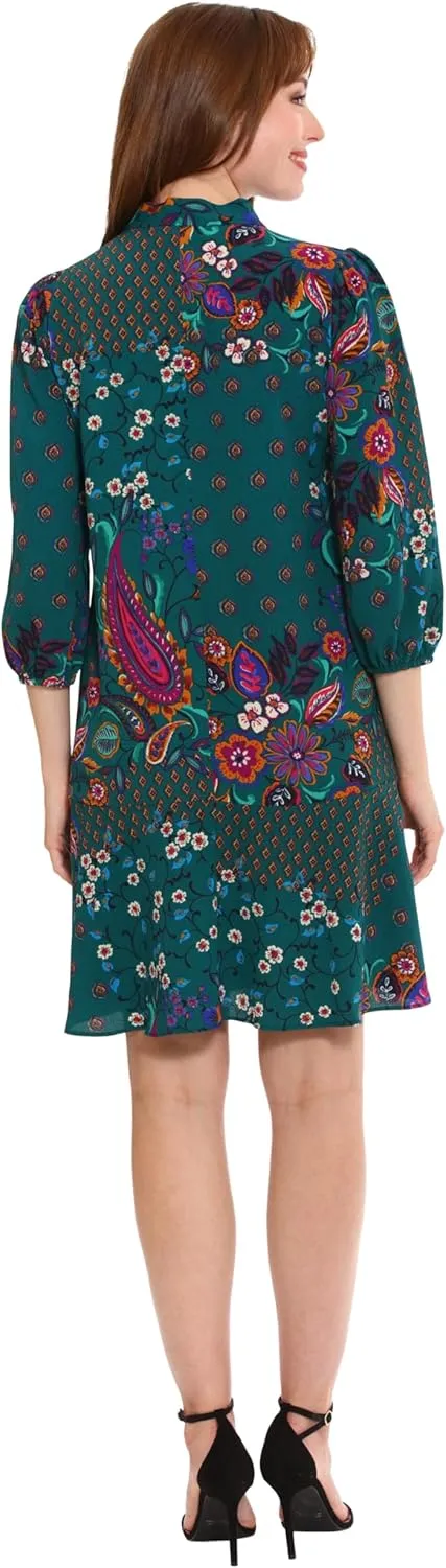 London Times Women's Tie Neck Bishop Sleeve Flounce Hem Perfect Fall Dress Versatile Chic Office