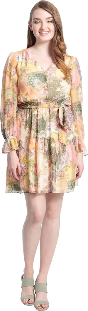 London Times Women's V-Neck Button Bodice Elastic Waist Tiered Dress