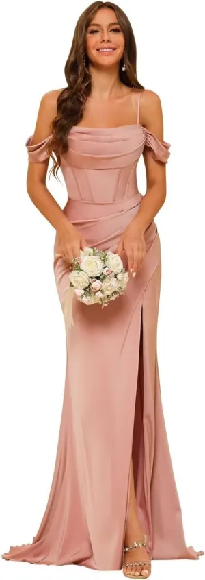 Long Satin Bridesmaid Dresses with Silt for Women 2025 Formal Gowns Mermaid Evening Dress PU070
