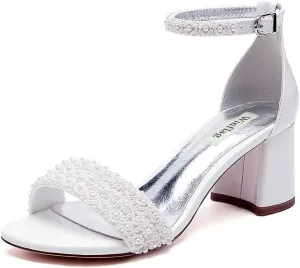 Low Block Heel Wedding Sandals Beaded Wedding Shoes for Bride Ankle Strap Bridal Heels