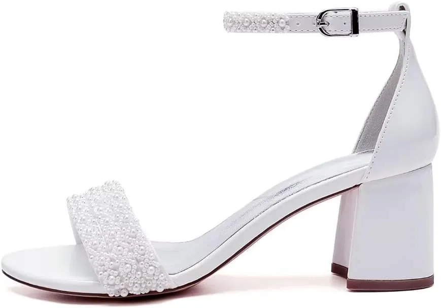 Low Block Heel Wedding Sandals Beaded Wedding Shoes for Bride Ankle Strap Bridal Heels
