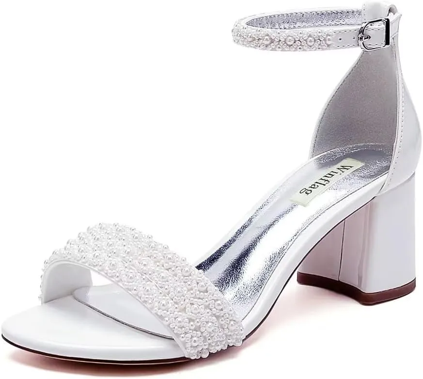 Low Block Heel Wedding Sandals Beaded Wedding Shoes for Bride Ankle Strap Bridal Heels