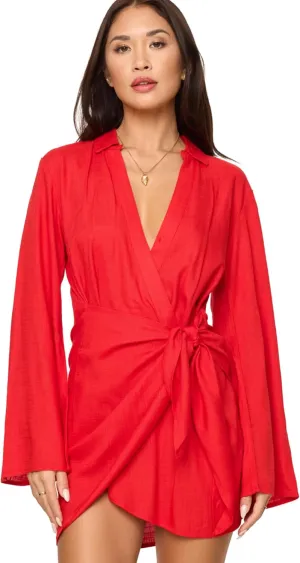 L*Space Las Palmas Dress for Women, Mini-Dress with Tie Front Wrap, Adjustable Tie, Plus Hook & Eye Closure
