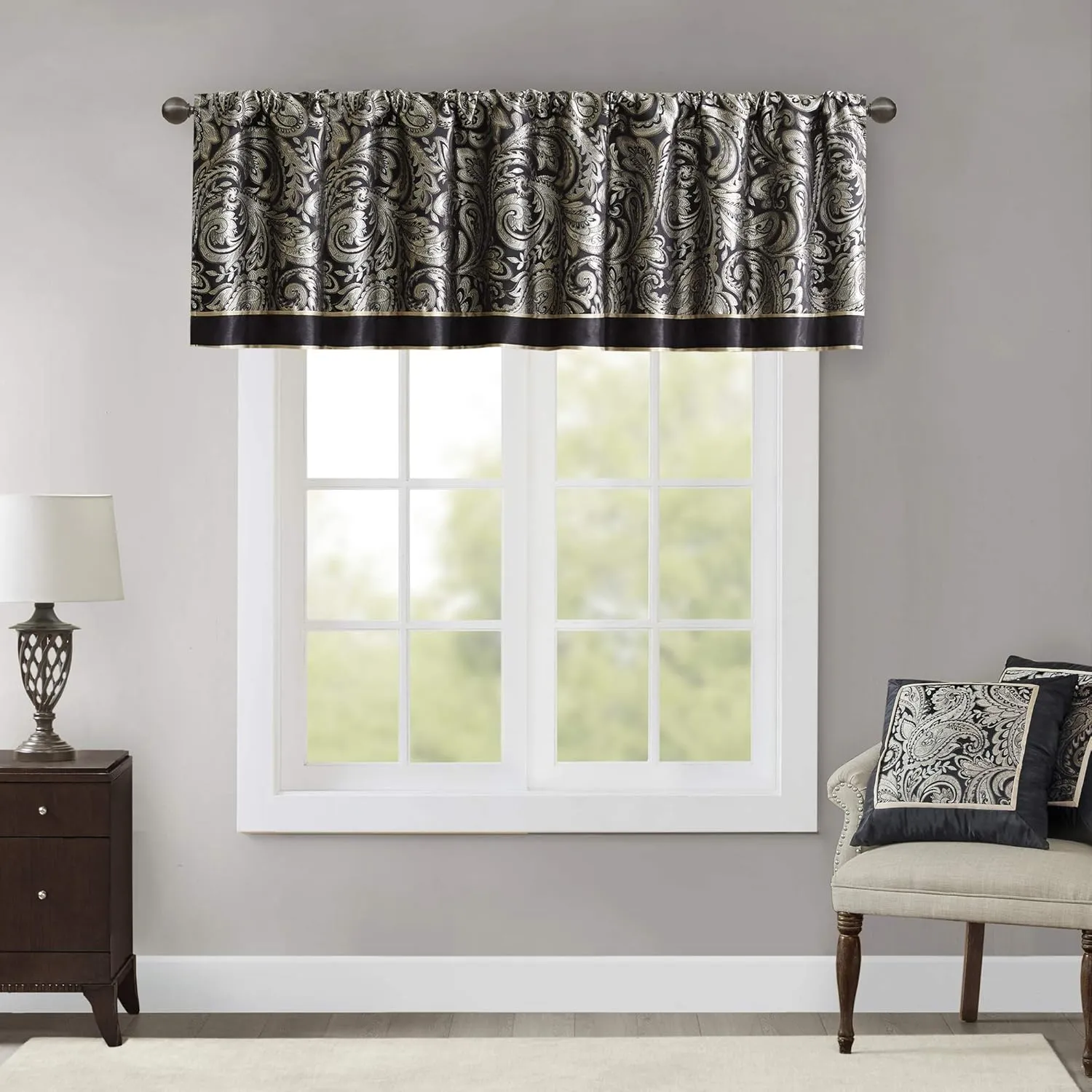 Madison Park Aubrey Jacquard Rod Pocket Valance , Classic Elegant Silk Paisley Valances for Windows , 50X18" , Black