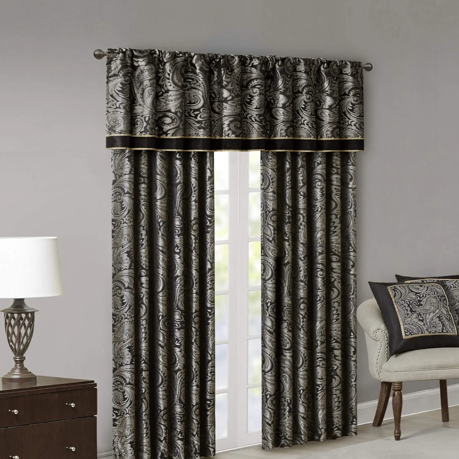 Madison Park Aubrey Jacquard Rod Pocket Valance , Classic Elegant Silk Paisley Valances for Windows , 50X18" , Black