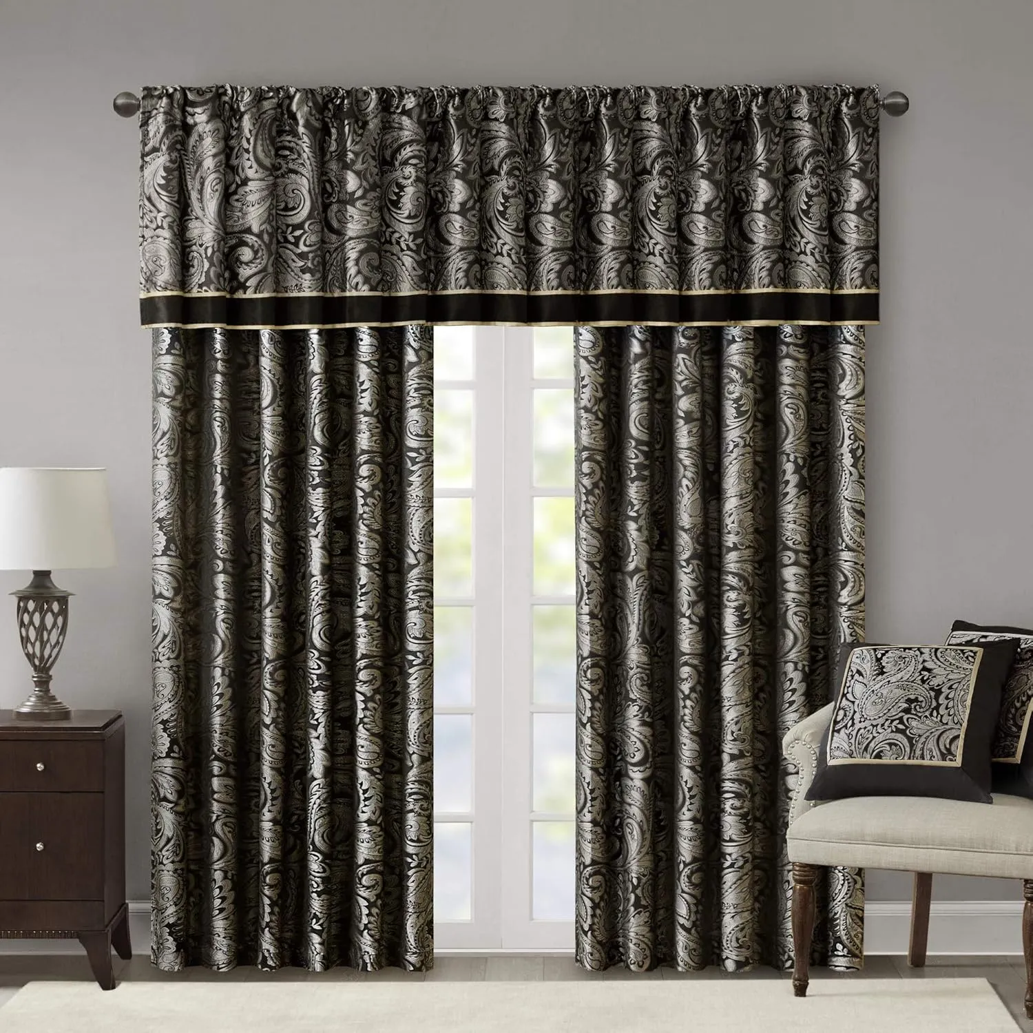Madison Park Aubrey Jacquard Rod Pocket Valance , Classic Elegant Silk Paisley Valances for Windows , 50X18" , Black