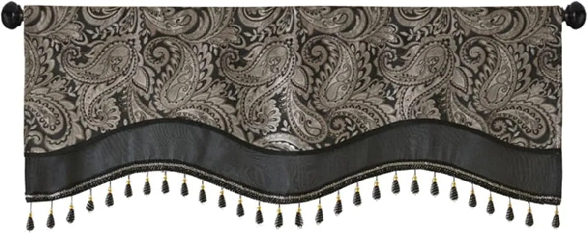 Madison Park Faux Silk Paisley Jacquard, Rod Pocket Curtain with Privacy Lining for Living Room, Kitchen, Bedroom and Dorm, 50 in x 18 in, Black Bead Trim