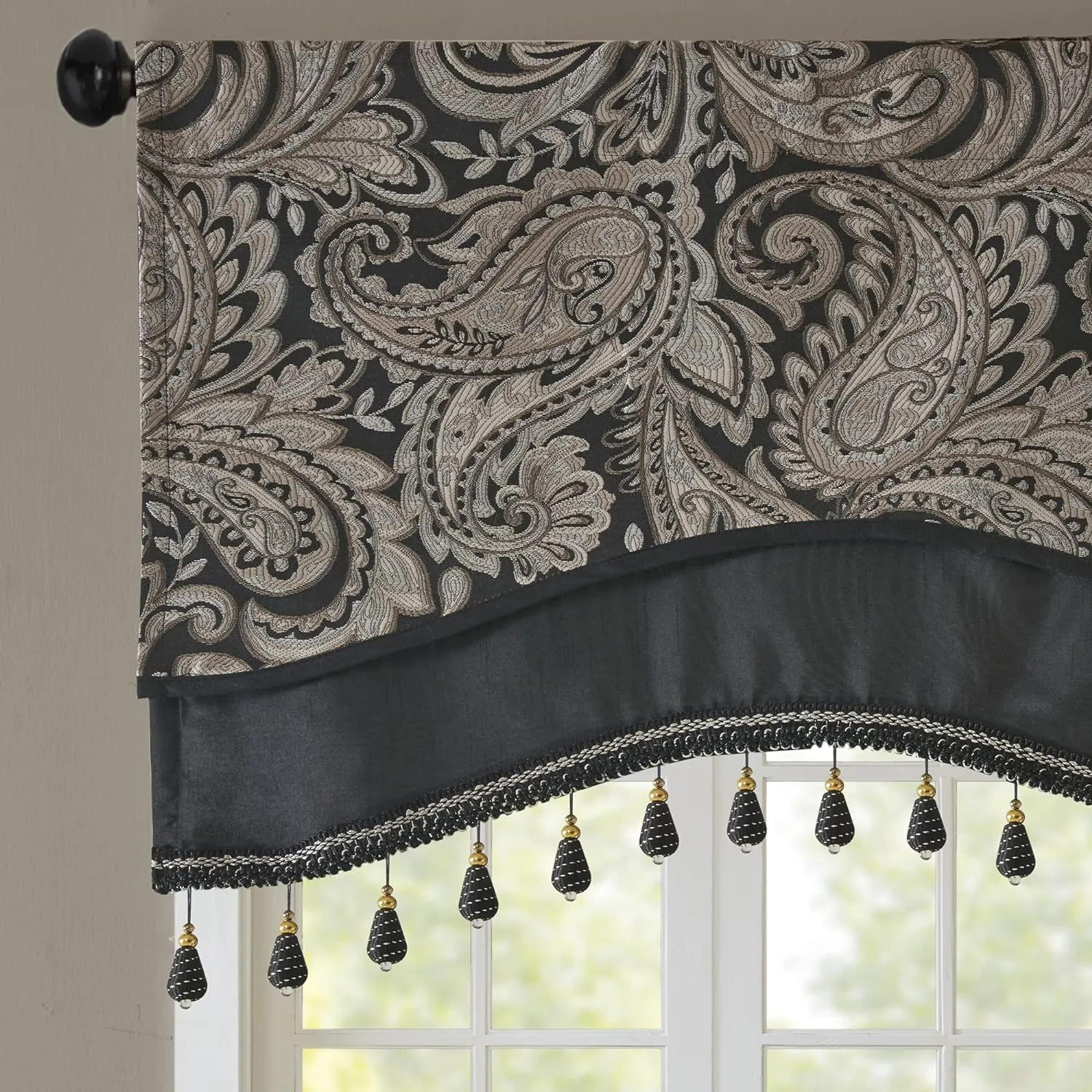 Madison Park Faux Silk Paisley Jacquard, Rod Pocket Curtain with Privacy Lining for Living Room, Kitchen, Bedroom and Dorm, 50 in x 18 in, Black Bead Trim