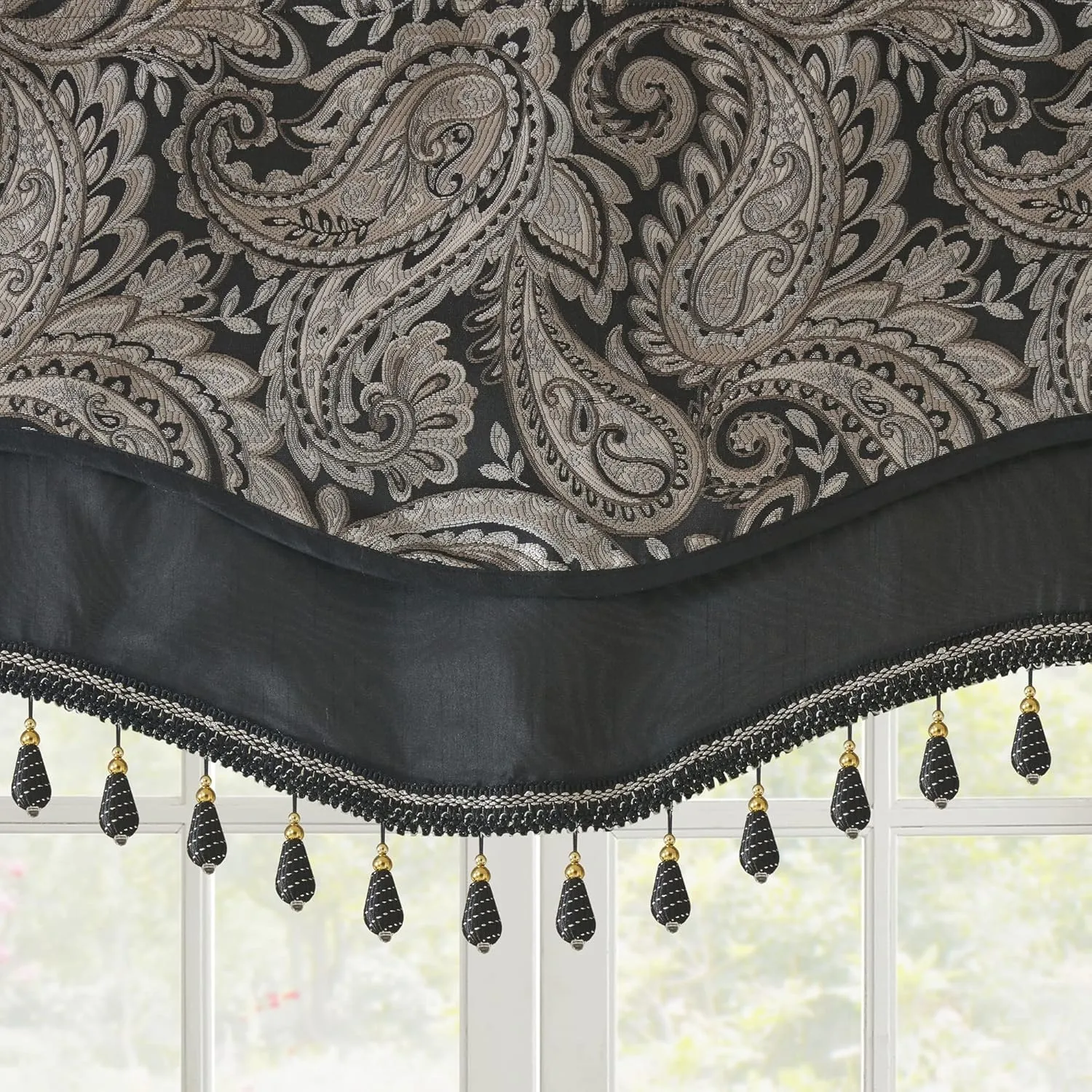 Madison Park Faux Silk Paisley Jacquard, Rod Pocket Curtain with Privacy Lining for Living Room, Kitchen, Bedroom and Dorm, 50 in x 18 in, Black Bead Trim