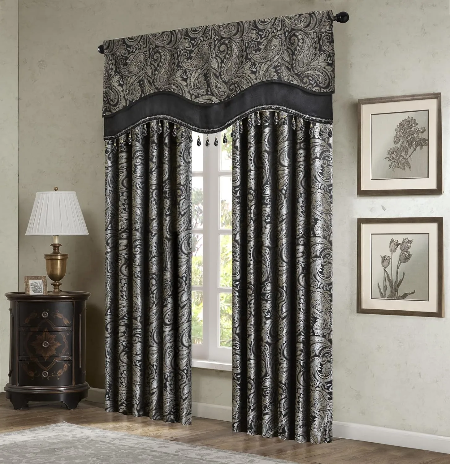 Madison Park Faux Silk Paisley Jacquard, Rod Pocket Curtain with Privacy Lining for Living Room, Kitchen, Bedroom and Dorm, 50 in x 18 in, Black Bead Trim