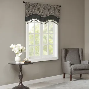 Madison Park Faux Silk Paisley Jacquard, Rod Pocket Curtain with Privacy Lining for Living Room, Kitchen, Bedroom and Dorm, 50 in x 18 in, Black Bead Trim