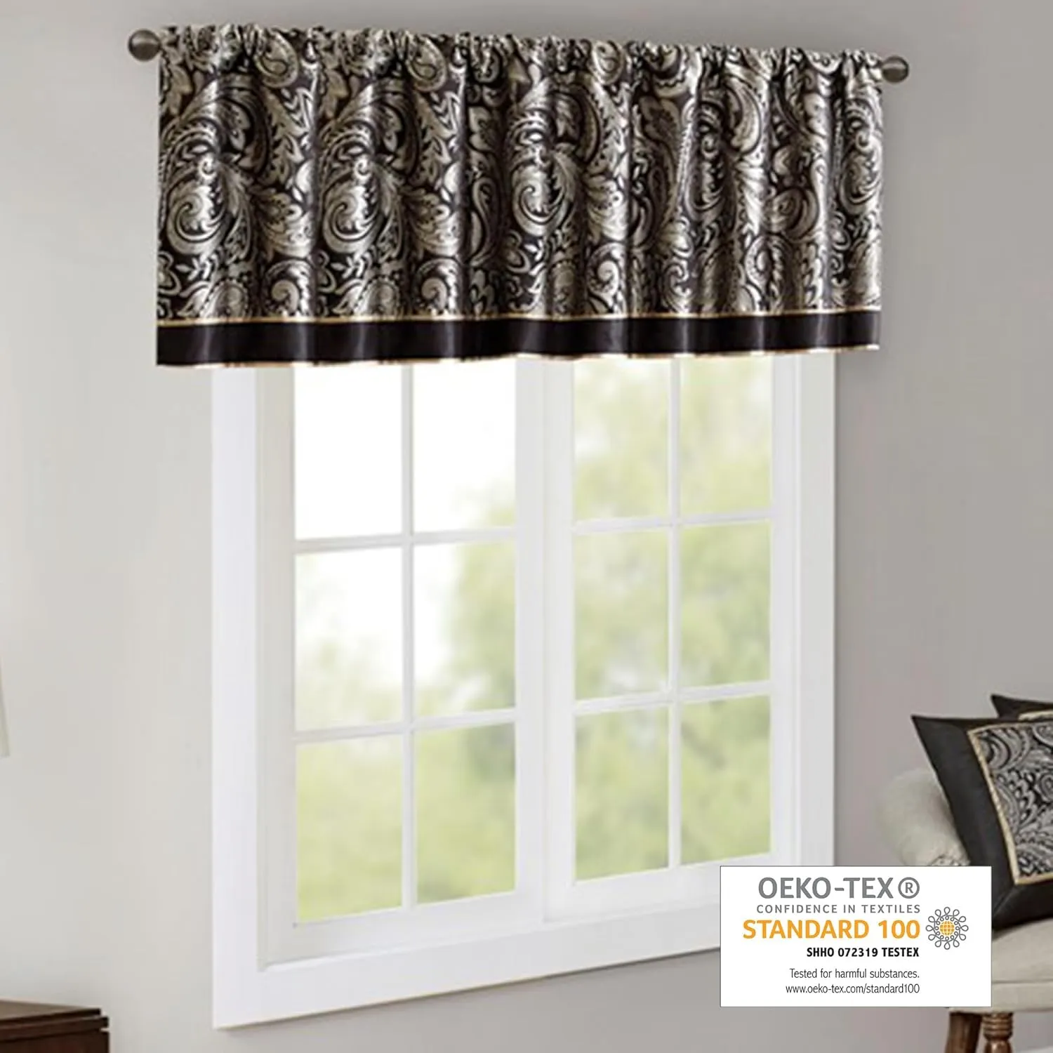 Madison Park Faux Silk Paisley Jacquard, Rod Pocket Curtain with Privacy Lining for Living Room, Kitchen, Bedroom and Dorm, 50 in x 18 in, Black Bead Trim