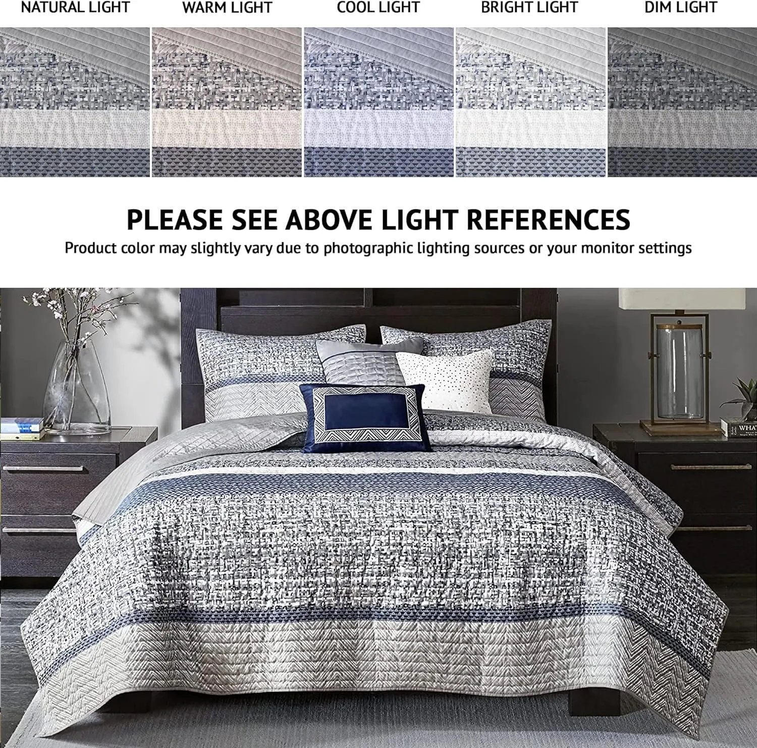 Madison Park King Quilt Set Lustrous Jacquard & Glitter Accent Coverlet Set for King Size Bed - All Season, Lightweight King Quilt Set, Shams, Decorative Pillow, King/Cal King Chevron Grey/Navy