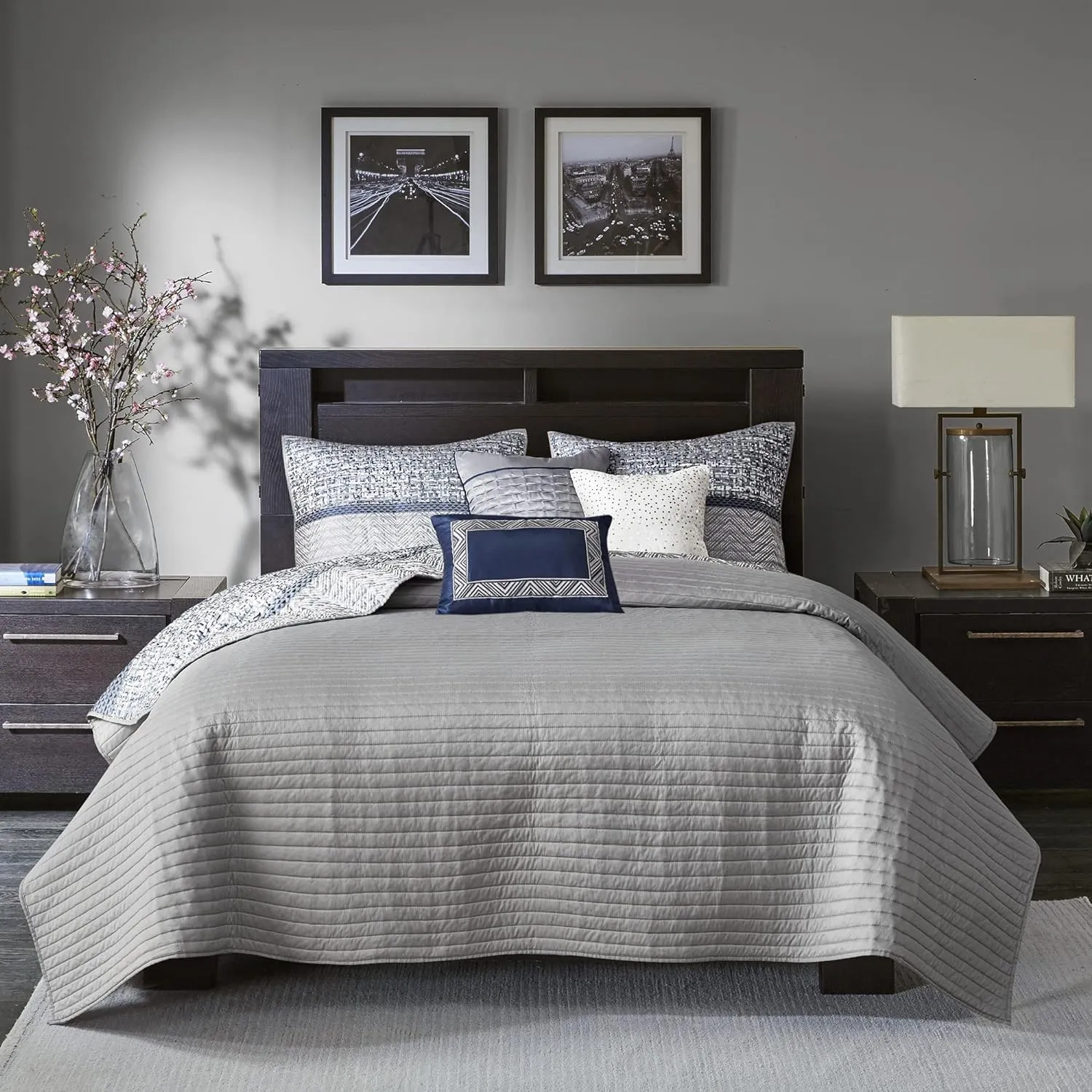 Madison Park King Quilt Set Lustrous Jacquard & Glitter Accent Coverlet Set for King Size Bed - All Season, Lightweight King Quilt Set, Shams, Decorative Pillow, King/Cal King Chevron Grey/Navy
