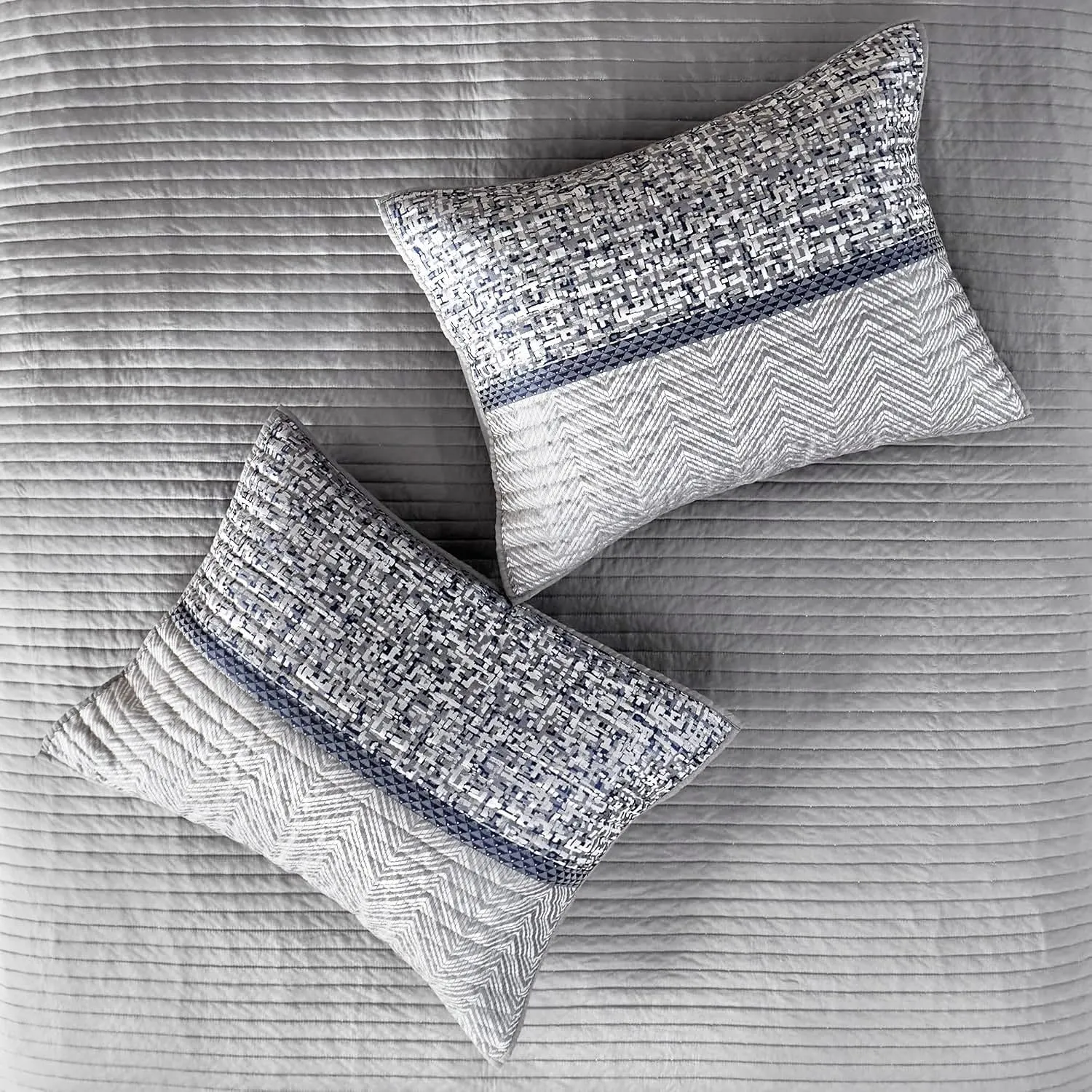 Madison Park King Quilt Set Lustrous Jacquard & Glitter Accent Coverlet Set for King Size Bed - All Season, Lightweight King Quilt Set, Shams, Decorative Pillow, King/Cal King Chevron Grey/Navy