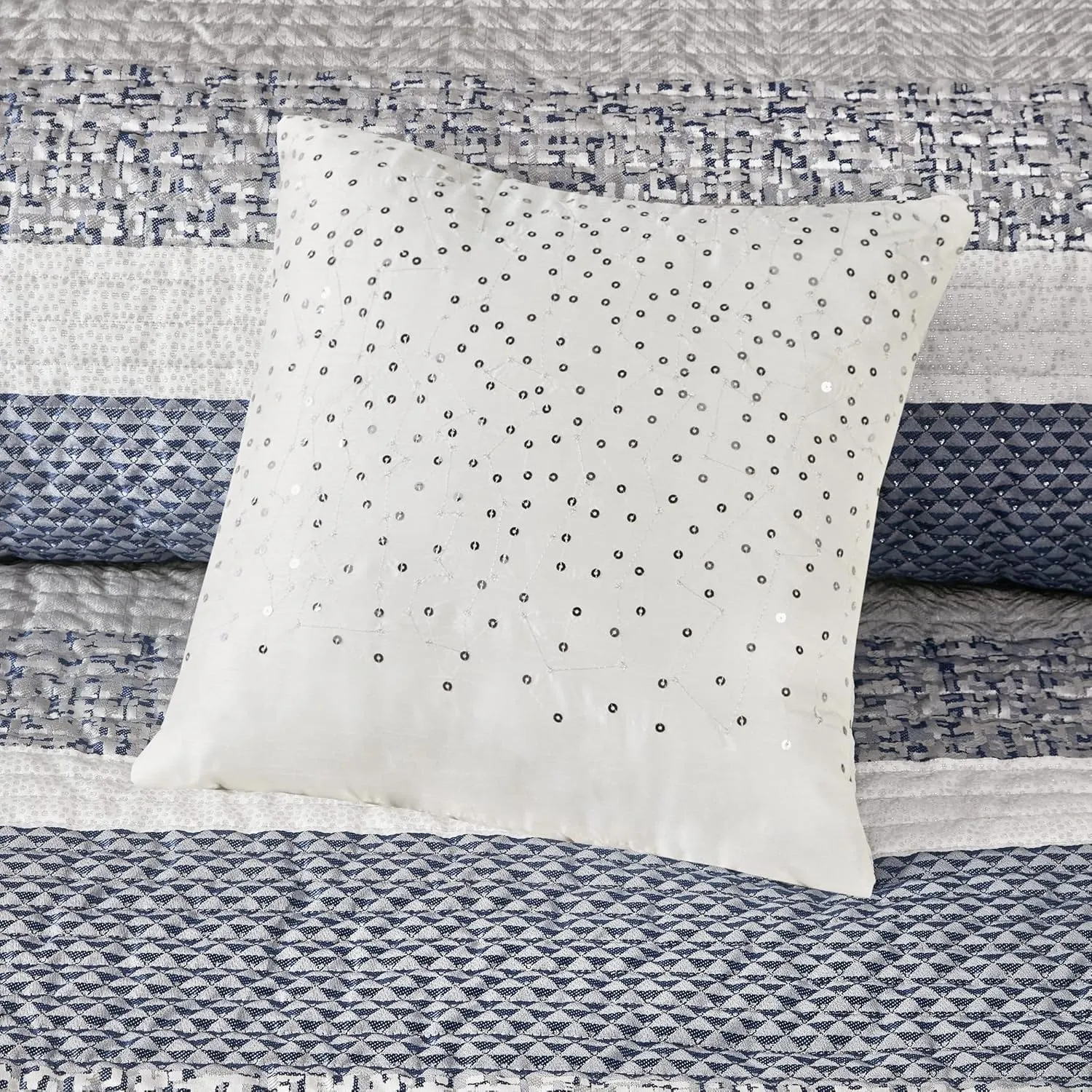 Madison Park King Quilt Set Lustrous Jacquard & Glitter Accent Coverlet Set for King Size Bed - All Season, Lightweight King Quilt Set, Shams, Decorative Pillow, King/Cal King Chevron Grey/Navy