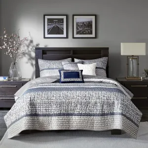 Madison Park King Quilt Set Lustrous Jacquard & Glitter Accent Coverlet Set for King Size Bed - All Season, Lightweight King Quilt Set, Shams, Decorative Pillow, King/Cal King Chevron Grey/Navy