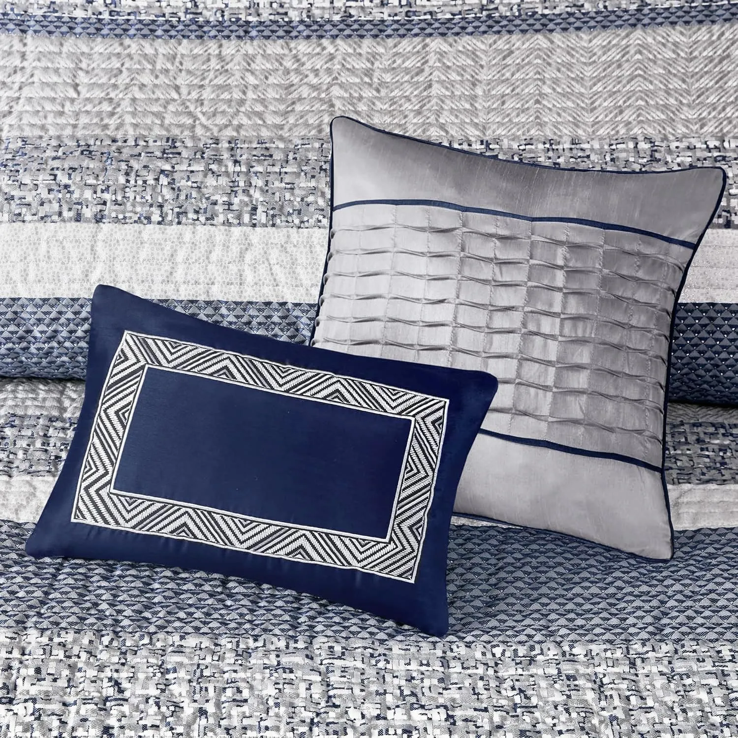 Madison Park King Quilt Set Lustrous Jacquard & Glitter Accent Coverlet Set for King Size Bed - All Season, Lightweight King Quilt Set, Shams, Decorative Pillow, King/Cal King Chevron Grey/Navy