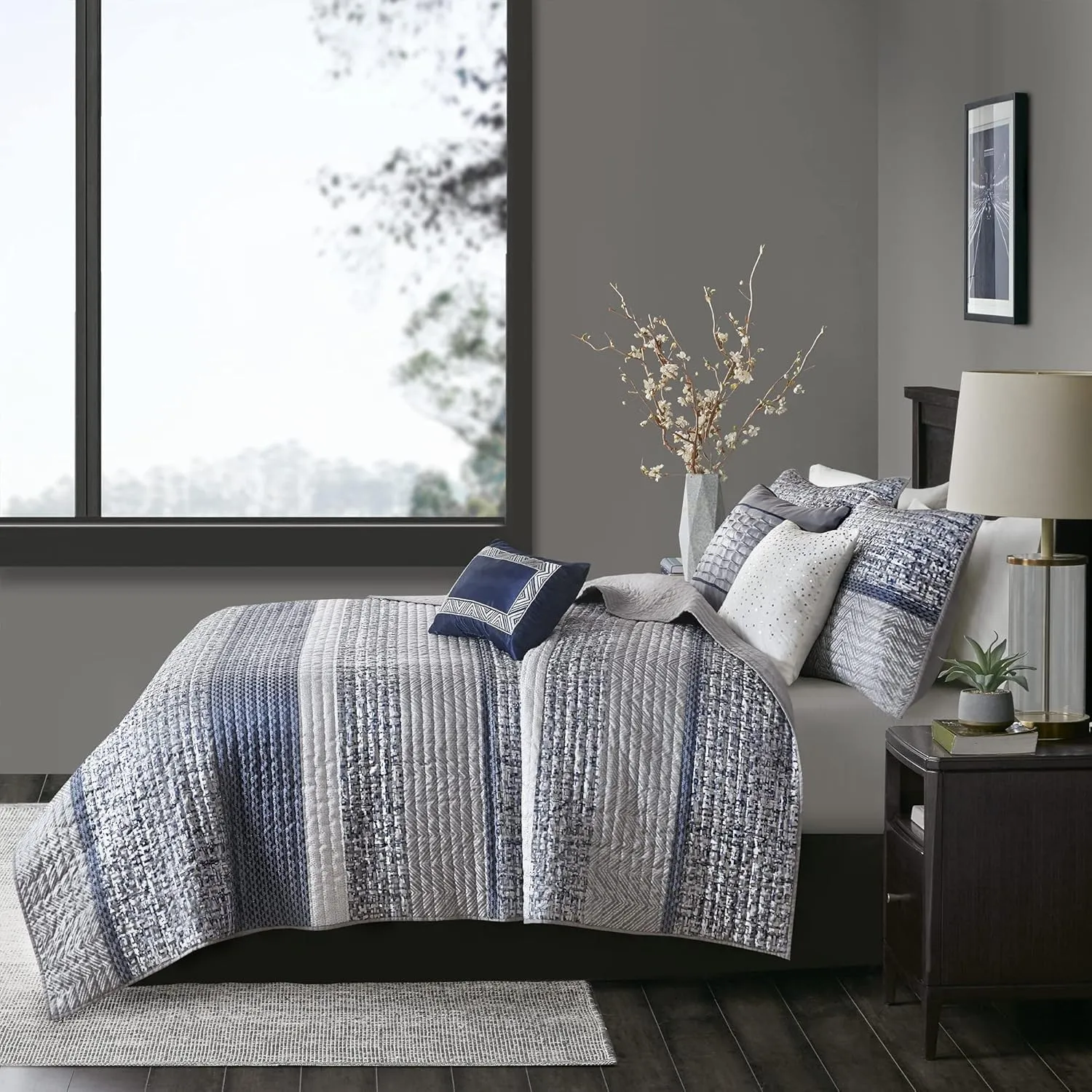 Madison Park King Quilt Set Lustrous Jacquard & Glitter Accent Coverlet Set for King Size Bed - All Season, Lightweight King Quilt Set, Shams, Decorative Pillow, King/Cal King Chevron Grey/Navy