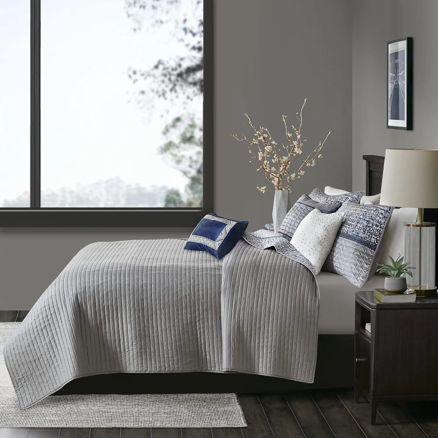 Madison Park King Quilt Set Lustrous Jacquard & Glitter Accent Coverlet Set for King Size Bed - All Season, Lightweight King Quilt Set, Shams, Decorative Pillow, King/Cal King Chevron Grey/Navy