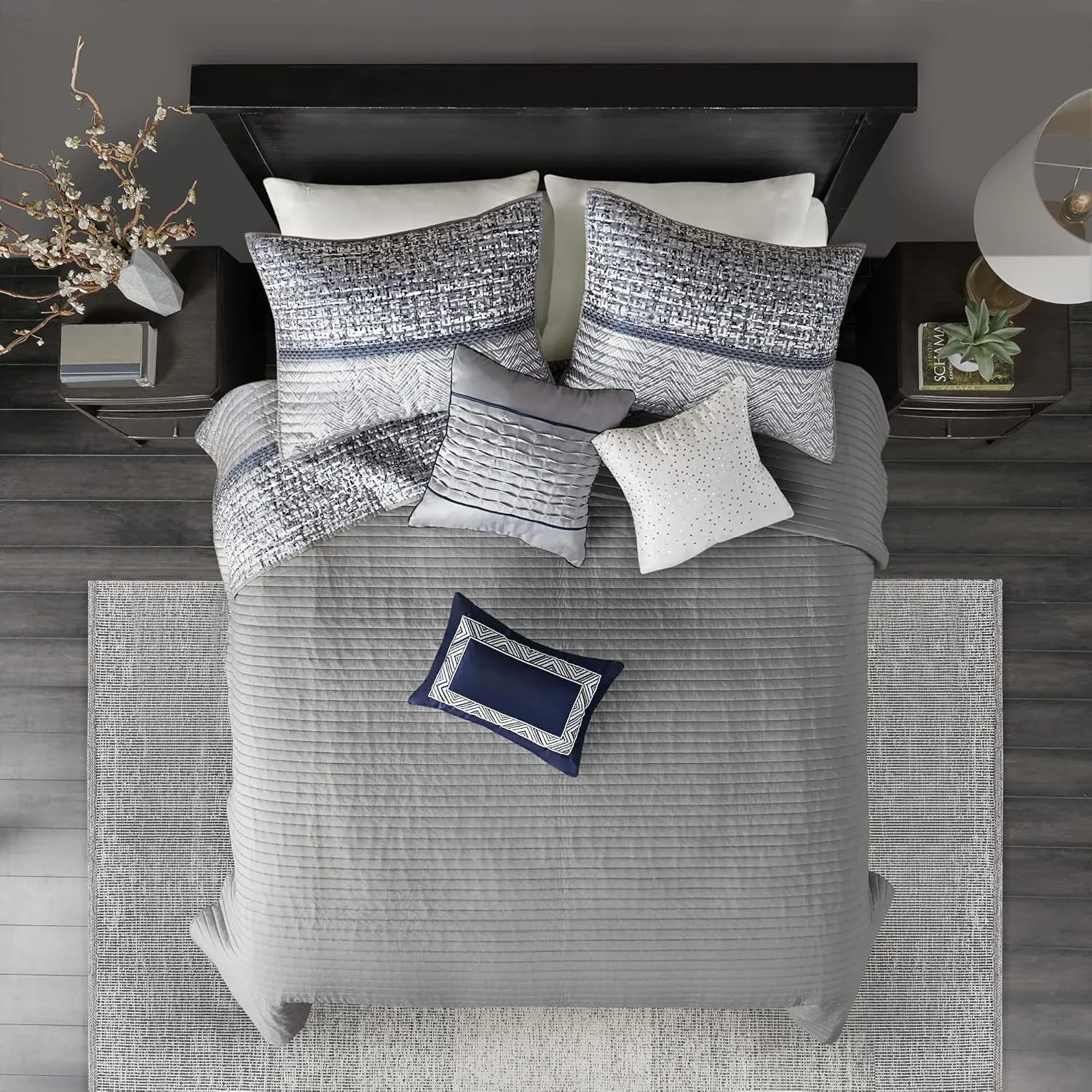 Madison Park King Quilt Set Lustrous Jacquard & Glitter Accent Coverlet Set for King Size Bed - All Season, Lightweight King Quilt Set, Shams, Decorative Pillow, King/Cal King Chevron Grey/Navy