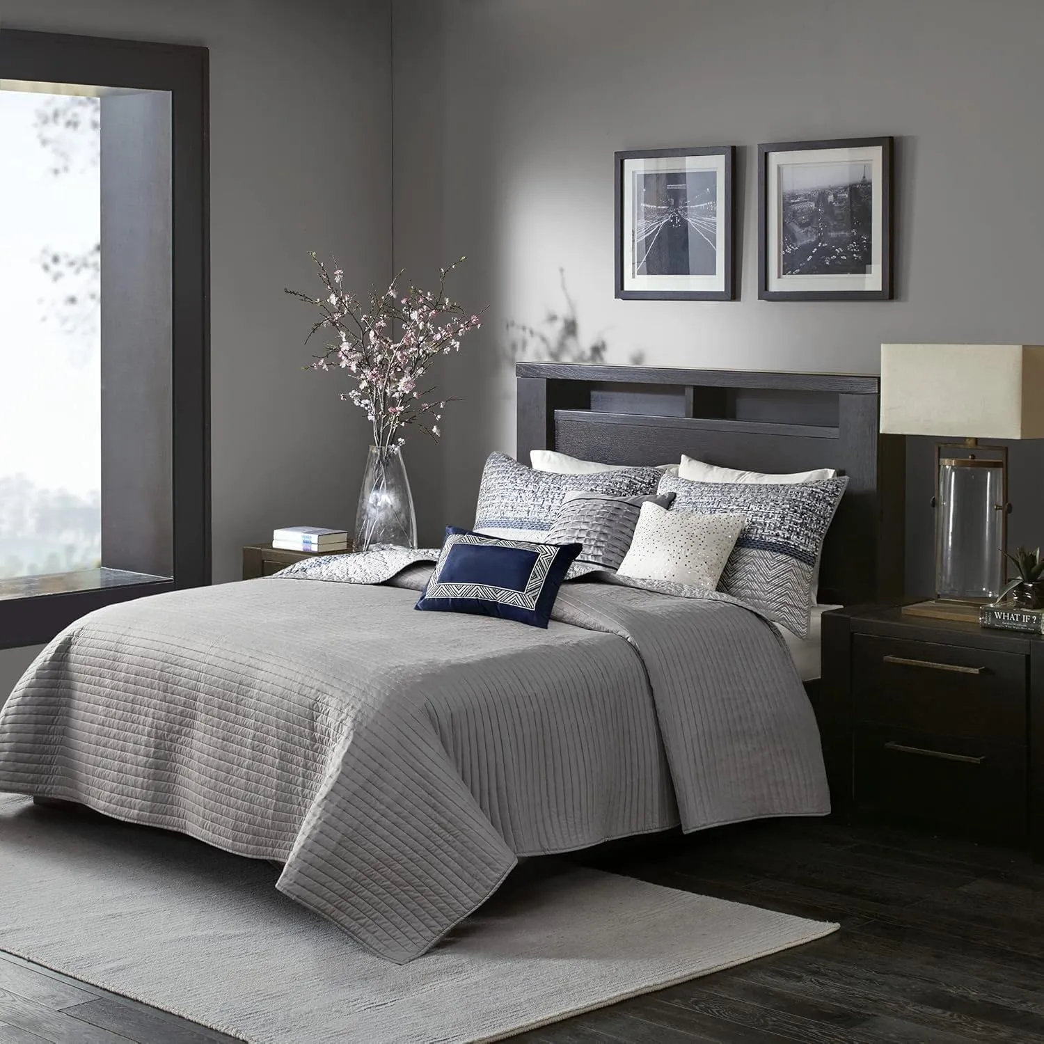 Madison Park King Quilt Set Lustrous Jacquard & Glitter Accent Coverlet Set for King Size Bed - All Season, Lightweight King Quilt Set, Shams, Decorative Pillow, King/Cal King Chevron Grey/Navy
