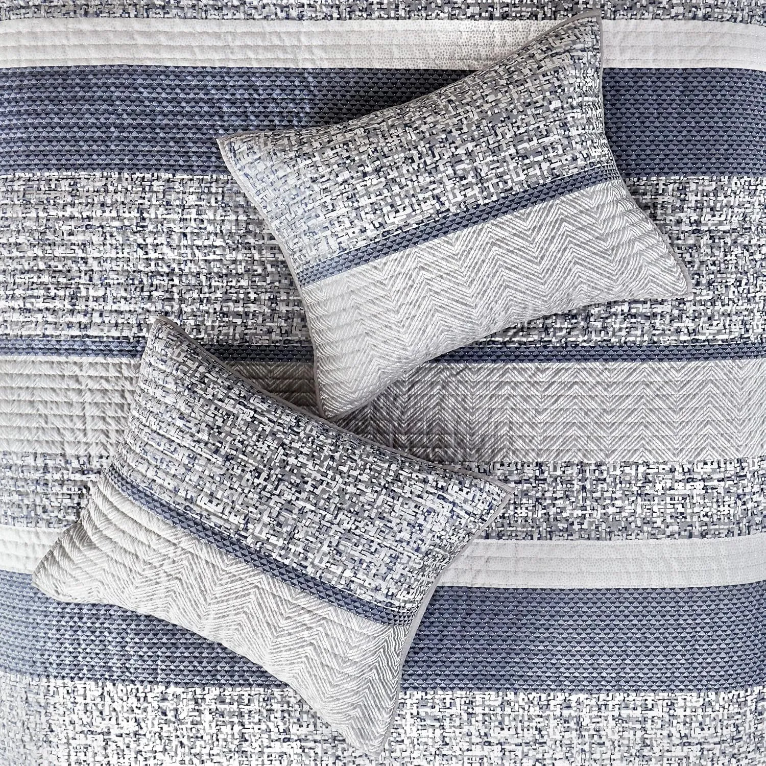 Madison Park King Quilt Set Lustrous Jacquard & Glitter Accent Coverlet Set for King Size Bed - All Season, Lightweight King Quilt Set, Shams, Decorative Pillow, King/Cal King Chevron Grey/Navy