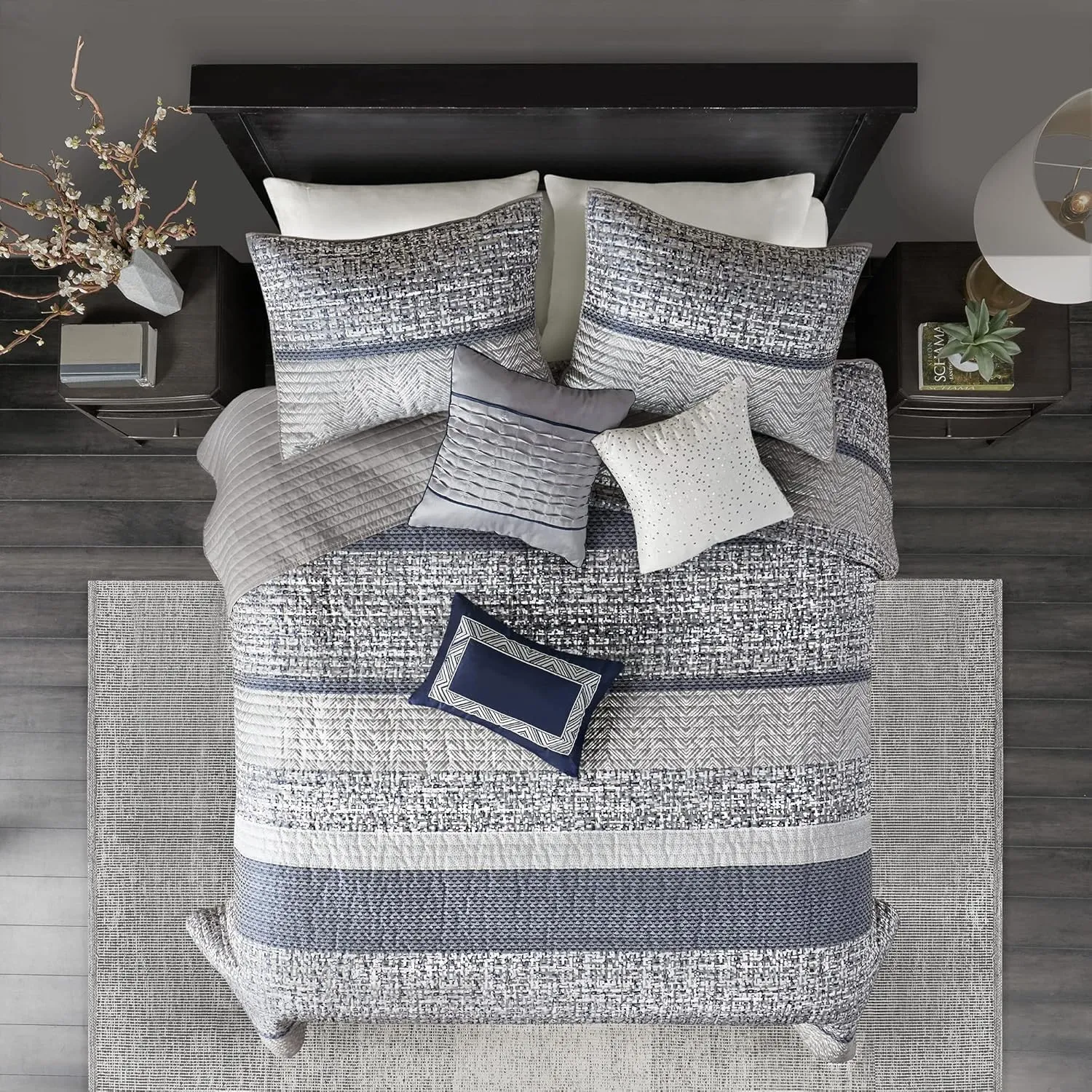 Madison Park King Quilt Set Lustrous Jacquard & Glitter Accent Coverlet Set for King Size Bed - All Season, Lightweight King Quilt Set, Shams, Decorative Pillow, King/Cal King Chevron Grey/Navy