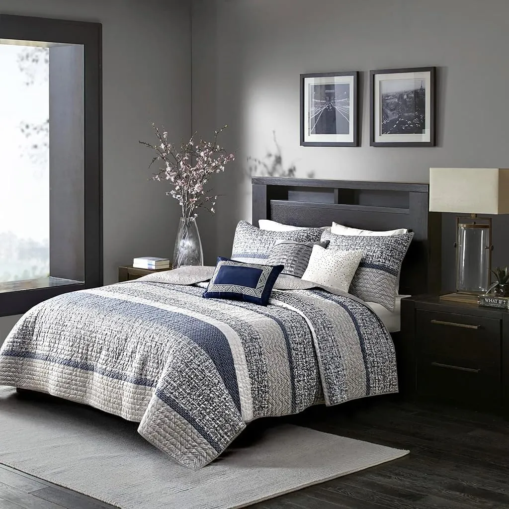 Madison Park King Quilt Set Lustrous Jacquard & Glitter Accent Coverlet Set for King Size Bed - All Season, Lightweight King Quilt Set, Shams, Decorative Pillow, King/Cal King Chevron Grey/Navy