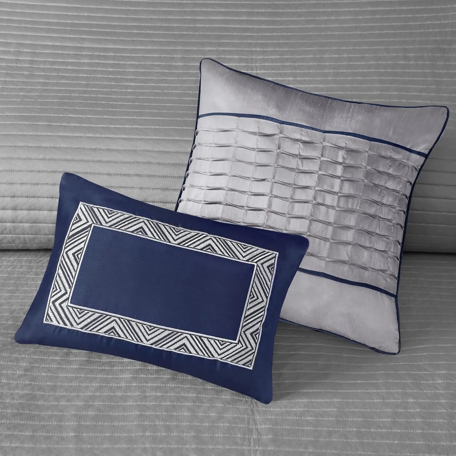 Madison Park King Quilt Set Lustrous Jacquard & Glitter Accent Coverlet Set for King Size Bed - All Season, Lightweight King Quilt Set, Shams, Decorative Pillow, King/Cal King Chevron Grey/Navy