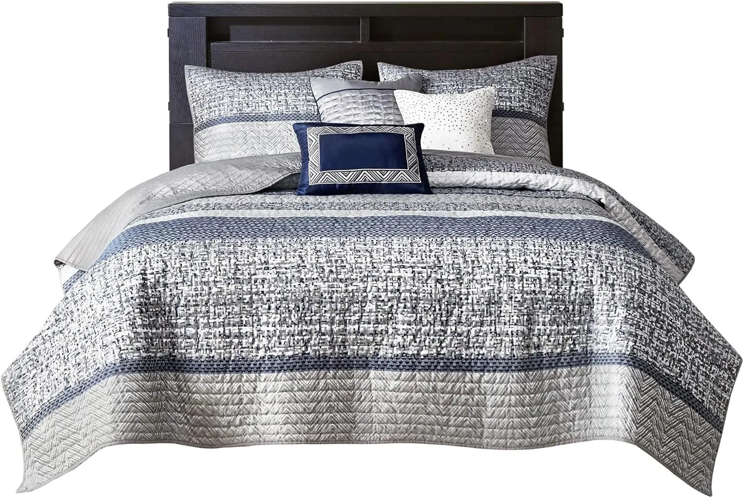 Madison Park King Quilt Set Lustrous Jacquard & Glitter Accent Coverlet Set for King Size Bed - All Season, Lightweight King Quilt Set, Shams, Decorative Pillow, King/Cal King Chevron Grey/Navy