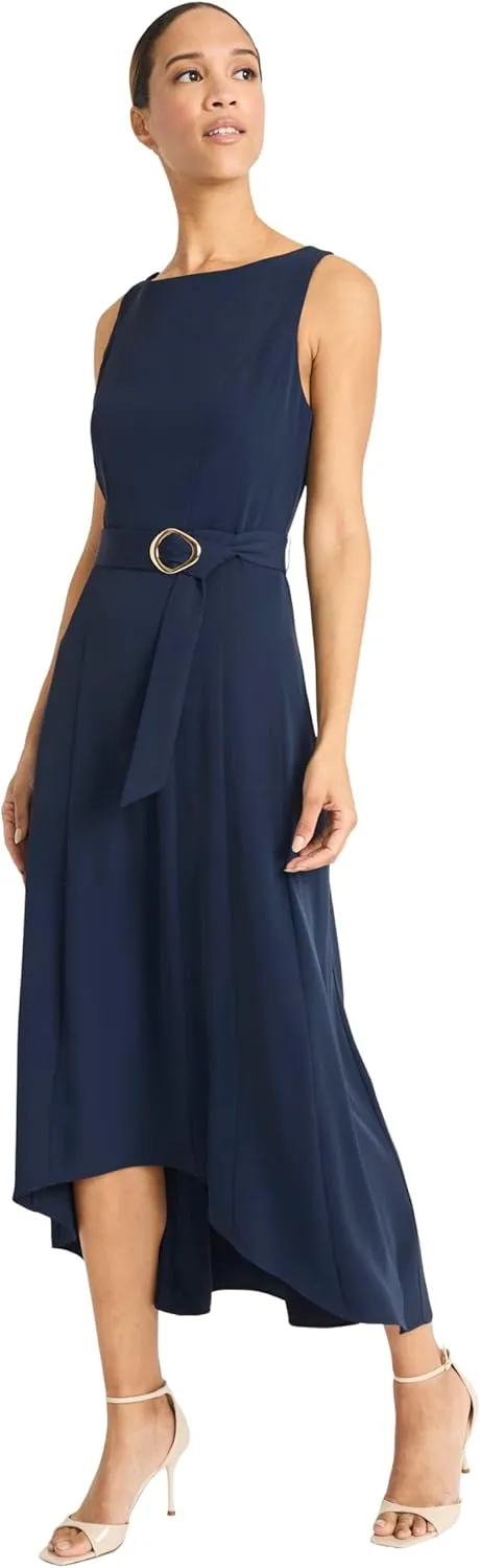 Maggy London Women's Sleeveless High-Low Midi Gold O-Ring Belt and Boat Neck-Special Occasion Cocktail Maxi Dress