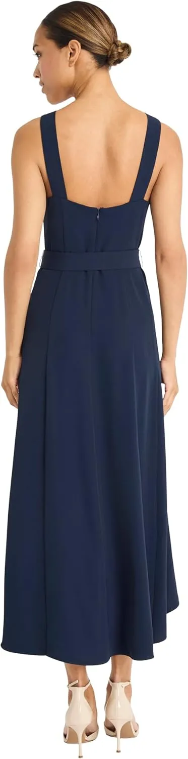 Maggy London Women's Sleeveless High-Low Midi Gold O-Ring Belt and Boat Neck-Special Occasion Cocktail Maxi Dress