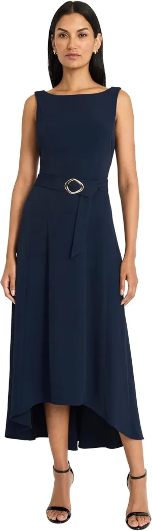 Maggy London Women's Sleeveless High-Low Midi Gold O-Ring Belt and Boat Neck-Special Occasion Cocktail Maxi Dress