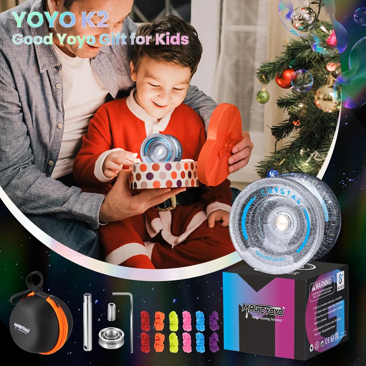 MAGICYOYO K2 Crystal Yoyo Silver Glitter Clear, Pro Responsive Yo-yo for Kids, Finger Spin Trick Yo Yo for Beginner, Dual Purpose Yo-yo with Extra Unresponsive Bearing   12 Yoyo Strings   Case Bag