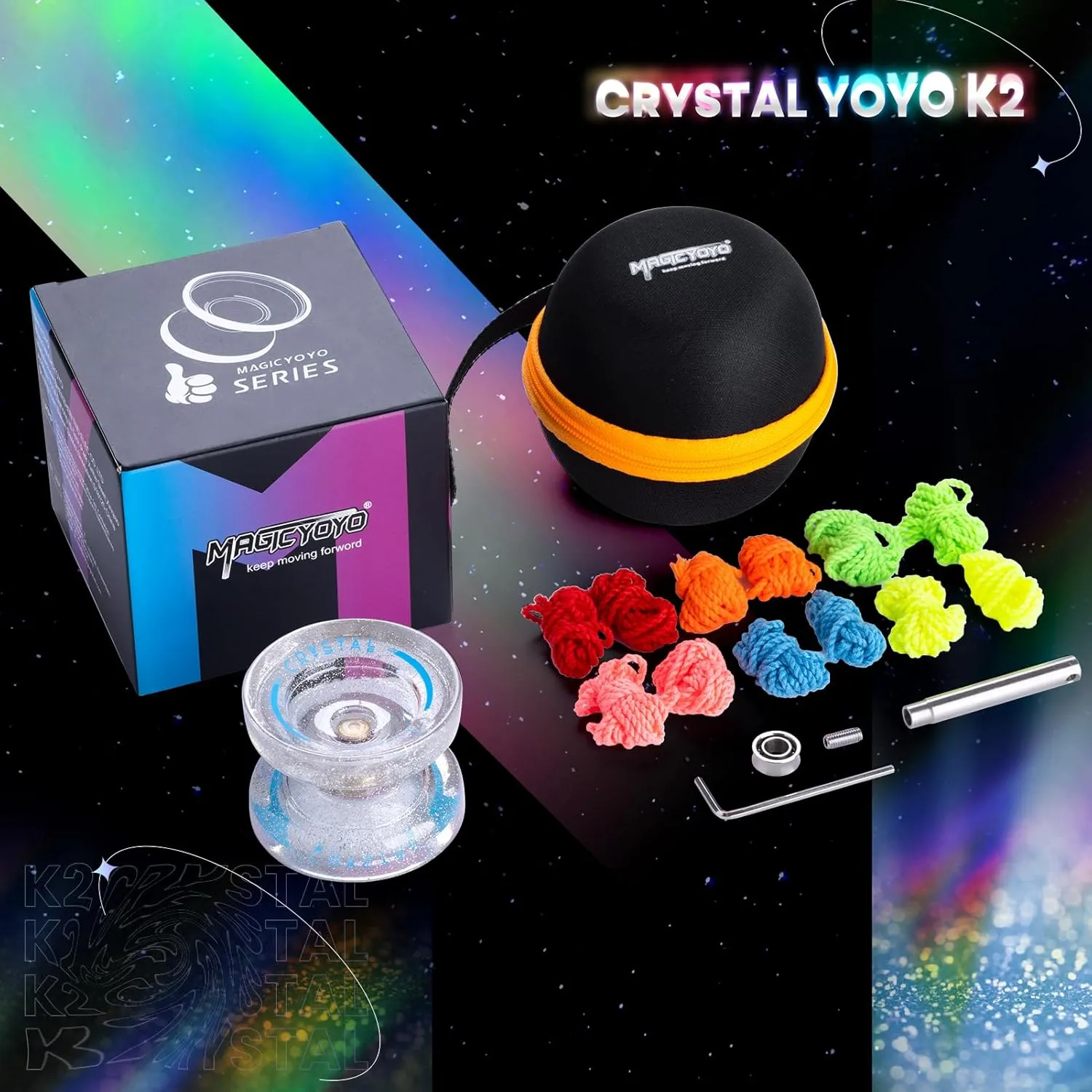 MAGICYOYO K2 Crystal Yoyo Silver Glitter Clear, Pro Responsive Yo-yo for Kids, Finger Spin Trick Yo Yo for Beginner, Dual Purpose Yo-yo with Extra Unresponsive Bearing   12 Yoyo Strings   Case Bag