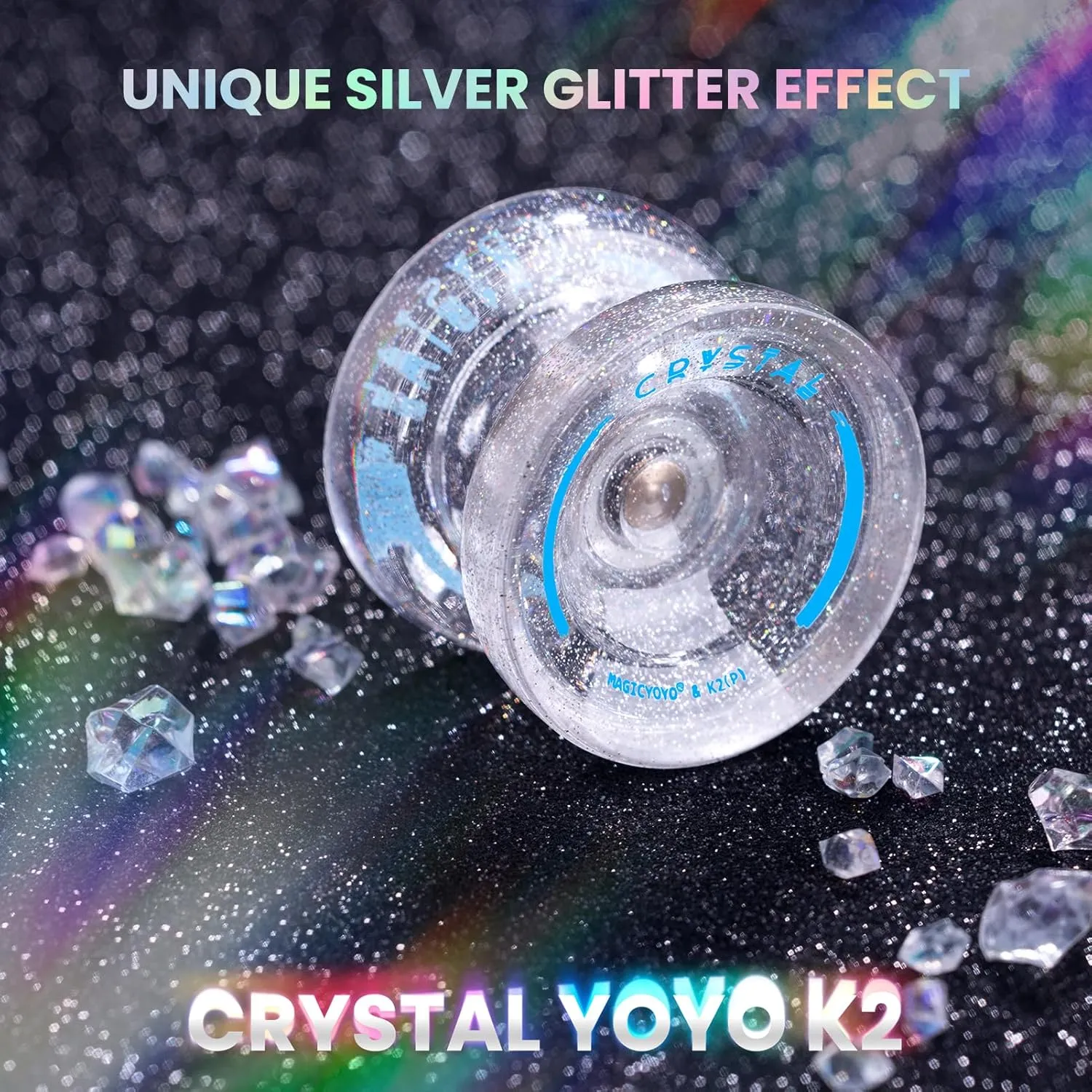 MAGICYOYO K2 Crystal Yoyo Silver Glitter Clear, Pro Responsive Yo-yo for Kids, Finger Spin Trick Yo Yo for Beginner, Dual Purpose Yo-yo with Extra Unresponsive Bearing   12 Yoyo Strings   Case Bag
