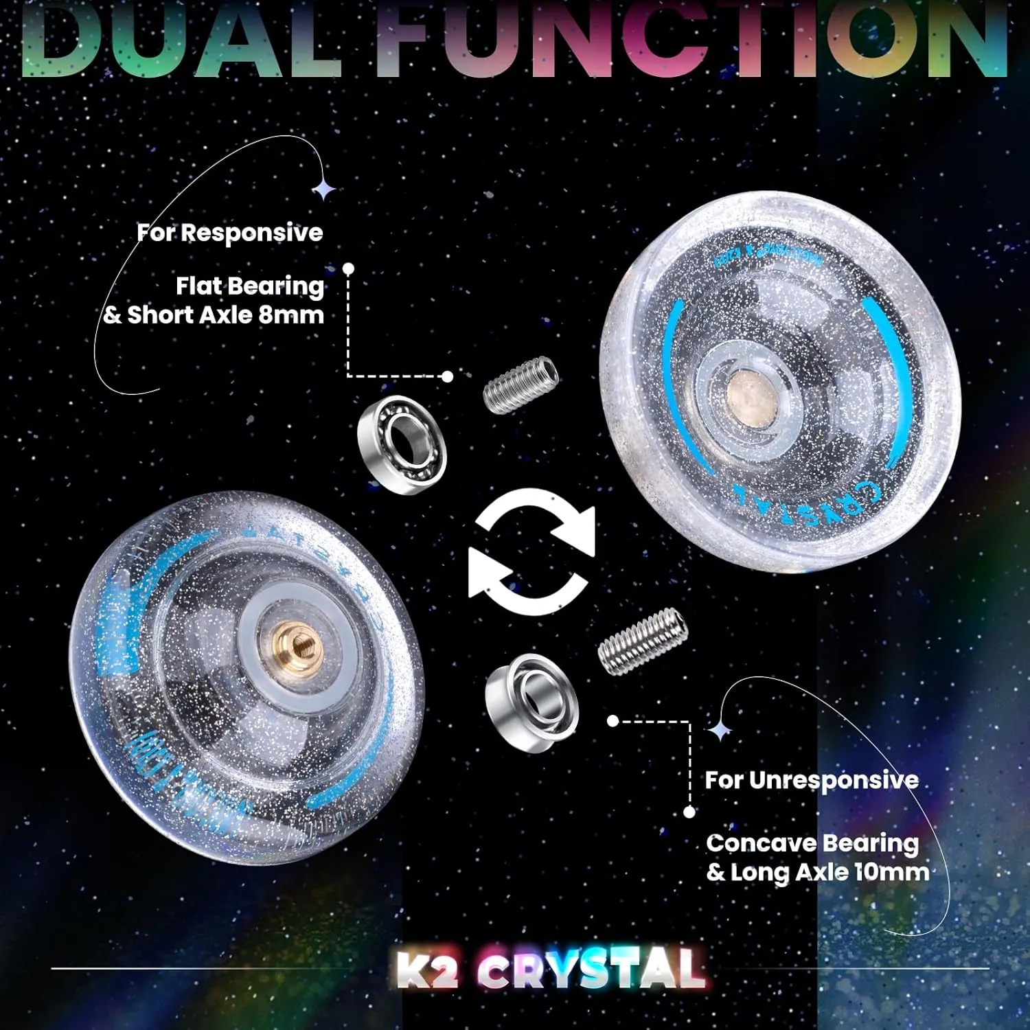 MAGICYOYO K2 Crystal Yoyo Silver Glitter Clear, Pro Responsive Yo-yo for Kids, Finger Spin Trick Yo Yo for Beginner, Dual Purpose Yo-yo with Extra Unresponsive Bearing   12 Yoyo Strings   Case Bag