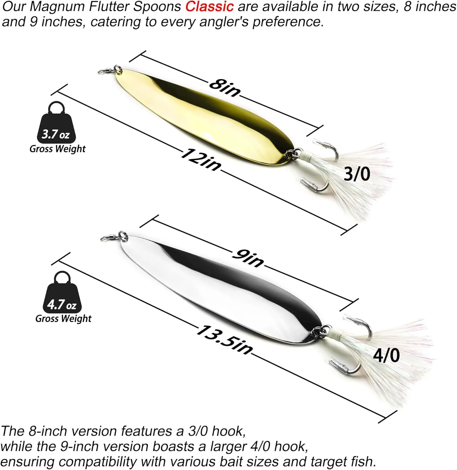 Magnum Flutter Spoon Jigging Lures, 8-9 Inch Large Hard Metal Sinking Trolling Casting Striper Fishing Spoon Baits for Striped Bass, Salmon, Walleye, Saltwater, Freshwater, Deep Sea Fishing