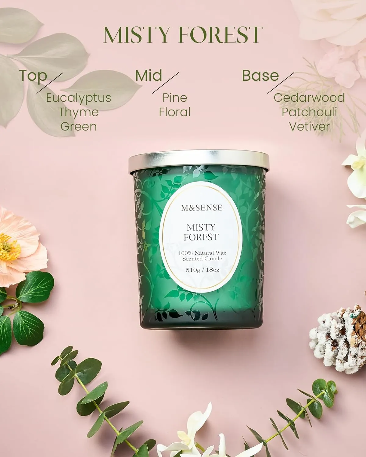 M&SENSE Misty Forest Eucalyptus Pine Scented Candles, Wooden Wick Natural Soy Wax, 100 Hours Slow Burning 18oz, Stress Relief Aromatherapy Home Decor Candle, Gifts for Men Women Father
