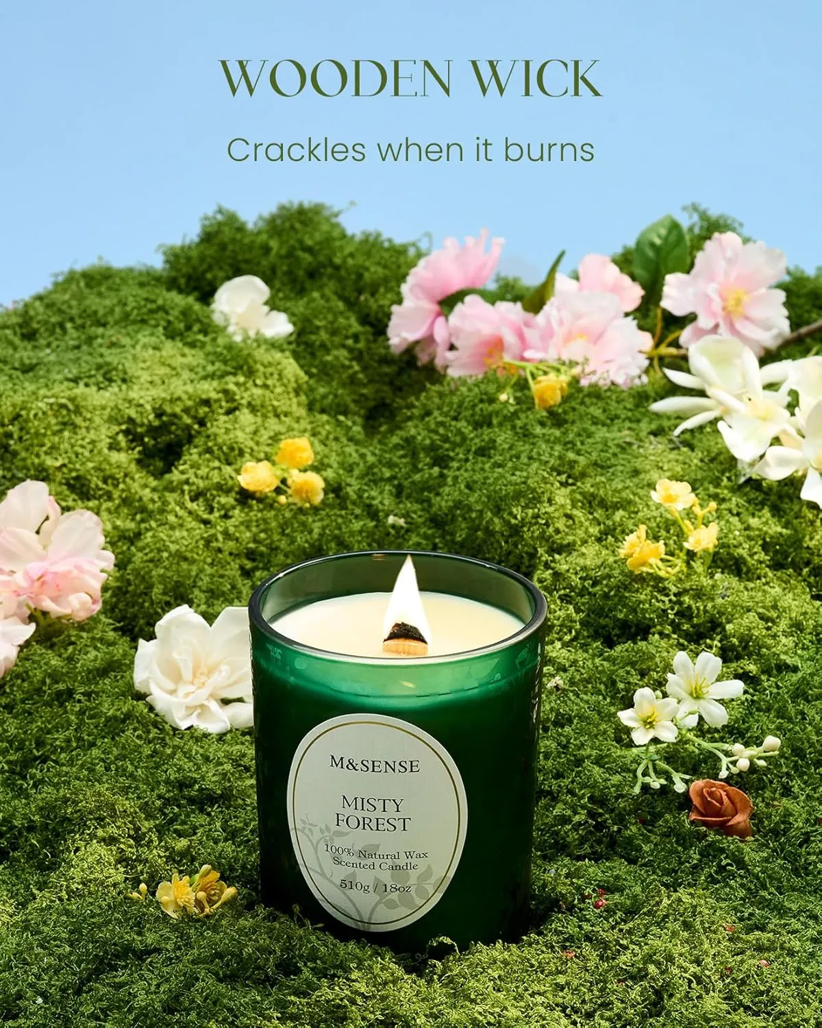 M&SENSE Misty Forest Eucalyptus Pine Scented Candles, Wooden Wick Natural Soy Wax, 100 Hours Slow Burning 18oz, Stress Relief Aromatherapy Home Decor Candle, Gifts for Men Women Father