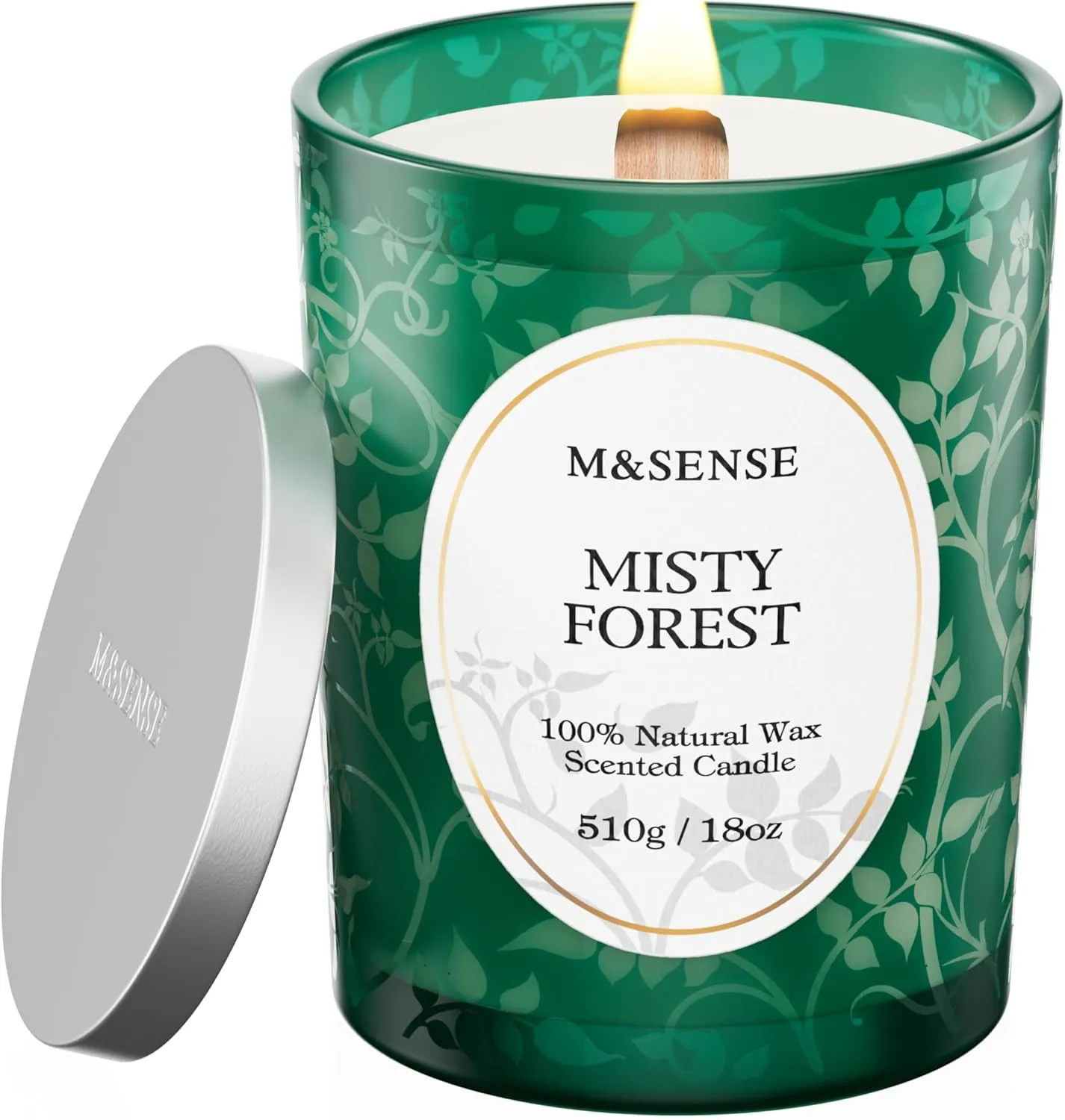 M&SENSE Misty Forest Eucalyptus Pine Scented Candles, Wooden Wick Natural Soy Wax, 100 Hours Slow Burning 18oz, Stress Relief Aromatherapy Home Decor Candle, Gifts for Men Women Father
