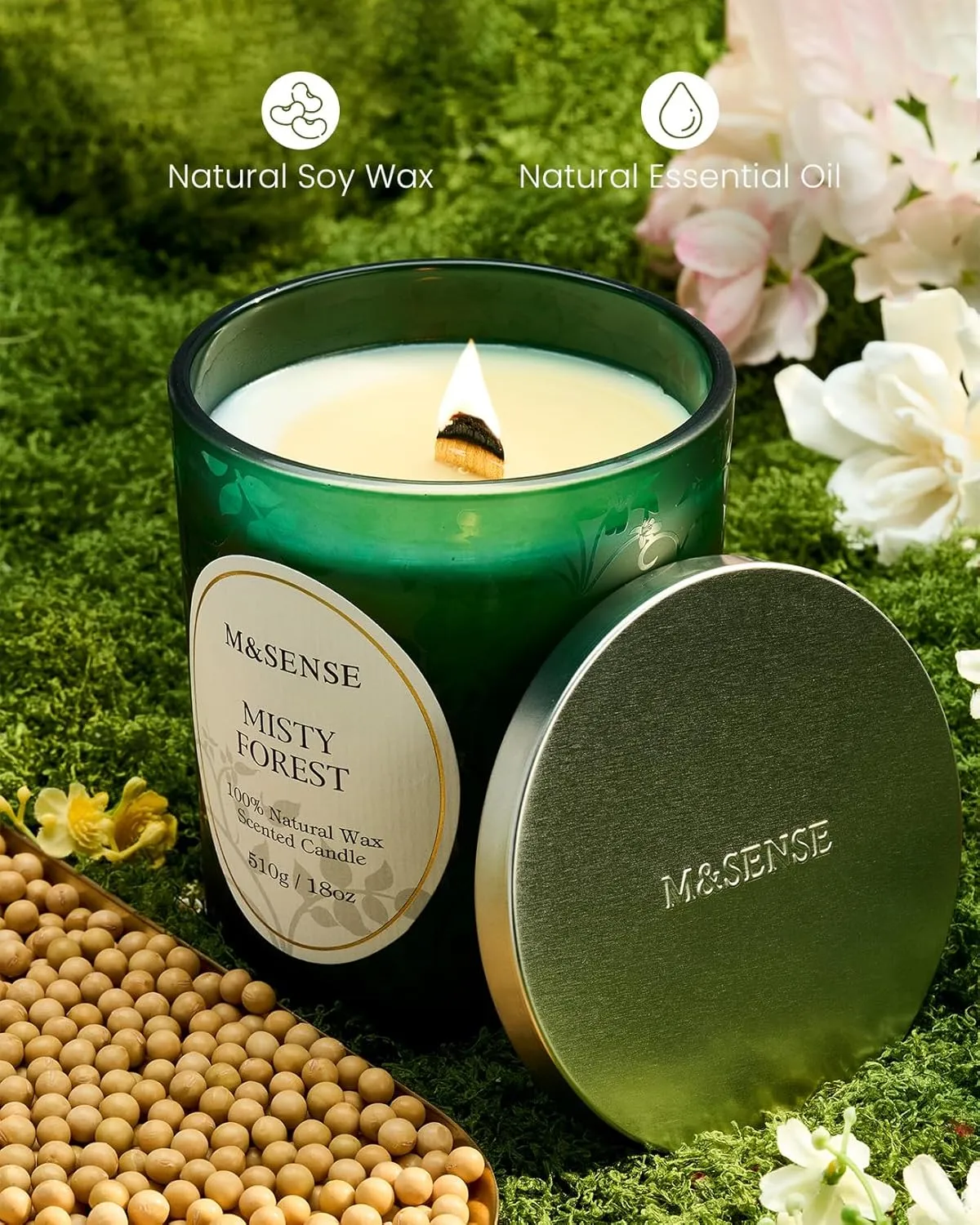 M&SENSE Misty Forest Eucalyptus Pine Scented Candles, Wooden Wick Natural Soy Wax, 100 Hours Slow Burning 18oz, Stress Relief Aromatherapy Home Decor Candle, Gifts for Men Women Father